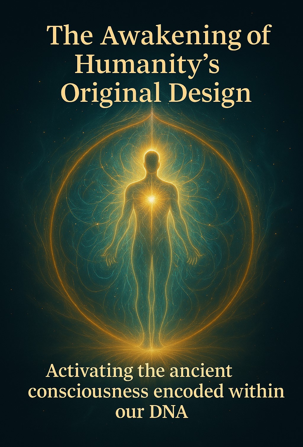 : A luminous energy field surrounding a human figure, symbolizing the activation of ancient consciousness and multidimensional awareness.